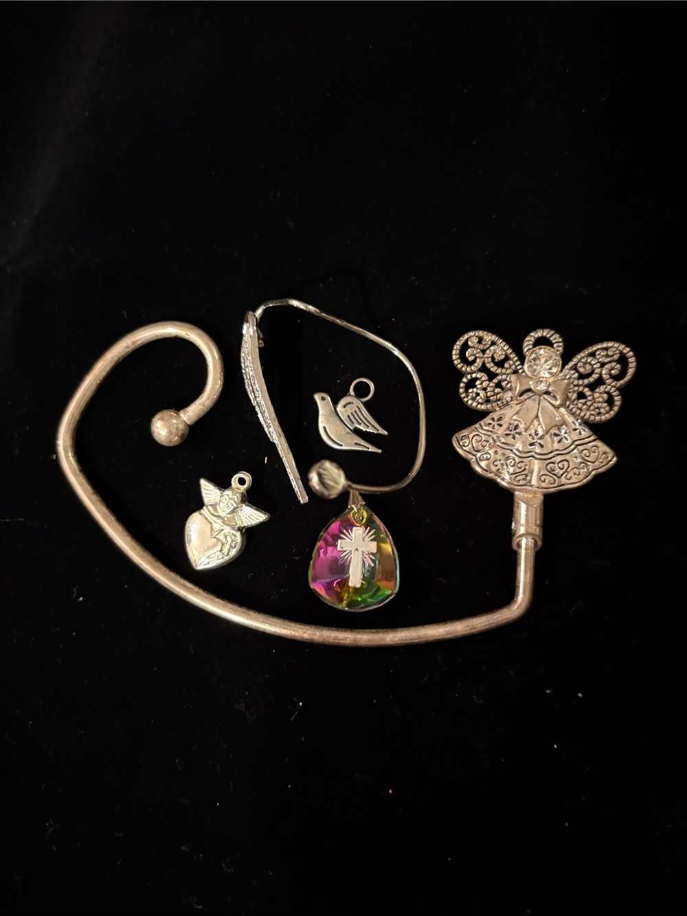 Silver-Tone Angel Pendant Set with Multicolor Crystal Teardrop 5 pieces
